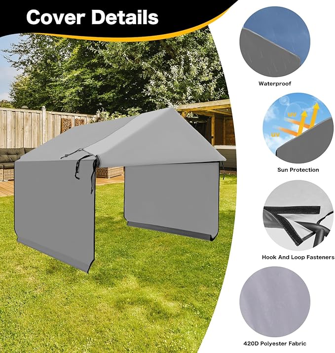 Canopy Replacement Cover for Dog Shade Shelter 4'x4'x3.6', Pet Outdoor Tent Cover with Upgraded Doors for Large Dogs, Not Included Metal Frame, Only Canopy Cover Roof, Grey