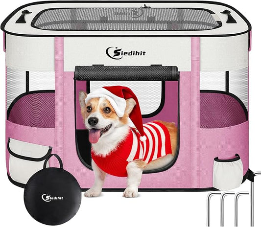 Dog Cat Playpen28/31/35in, Pet Puppy Portable Playpens for Outdoor Travel Crate, Indoor After Surgery Use, Foldable Dog Kennel Tent for Rabbit or Small Animals and Tent Stakes(Pink, Medium)