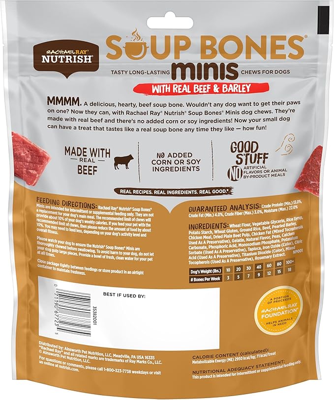 Nutrish Rachael Ray Soup Bones Minis Dog Chews with Real Beef & Barley, 8 Chews, 6.3 oz Pouch (Pack of 7)