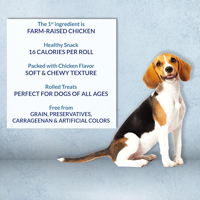 INABA Churu Rolls for Dogs, Grain-Free, Soft/Chewy Baked Chicken Wrapped Churu Filled Dog Treats, 0.42 Ounces Each Stick| 48 Stick Treats Total (8 Sticks per Pack), Chicken with Cheese Recipe