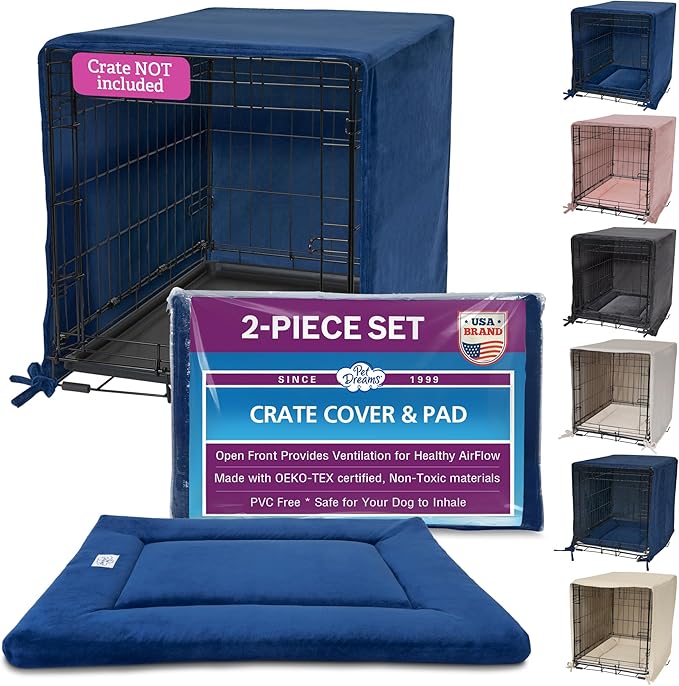Pet Dreams Dog Crate Cover & Mat- Breathable Non-Toxic Kennel Topper for Single-Door Crates, Fits iCrate Dog Cages 18, 24, 30, 36, 42, 48 Inches (Blue, X-Large, 42“)