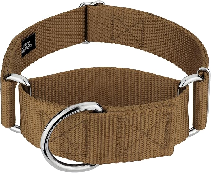 Country Brook Petz 1 1/2 Inch Martingale Heavy Duty Nylon Adjustable Dog Collar for Small, Medium, Large Breeds - Vibrant 17 Color Selection (Coyote Tan, Medium)
