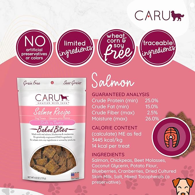 Caru - Soft n’ Tasty Baked Bites - Salmon Bites Dog Treats - Flavorful Training Treats - 4 oz Bags - Pack of 3