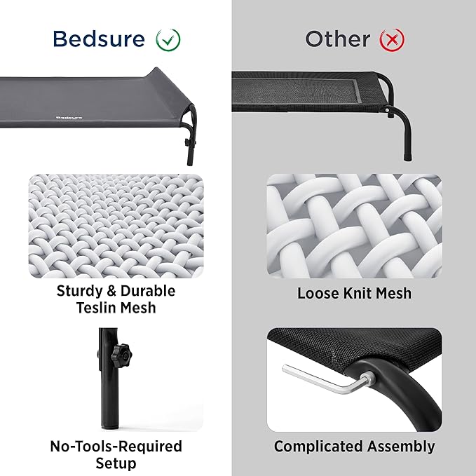 Bedsure XL Elevated Raised Outdoor Dog Bed - Cooling Dog Cot Bed with Bolster for Extra Large Dog, Lifted Pet Bed with Breathable Teslin Mesh, Dog Hammock Bed with Non-Slip Feet, Grey, 42 inches