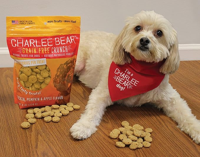 Charlee Bear Dog Treats Small Dogs Training Treats, Crunchy Low Calorie Grain Free Dog Treats, USA Made, Best for Small-Medium Breeds, Puppy Training Treats, Chicken, Pumpkin, Apple 3 Pack, 8oz Each