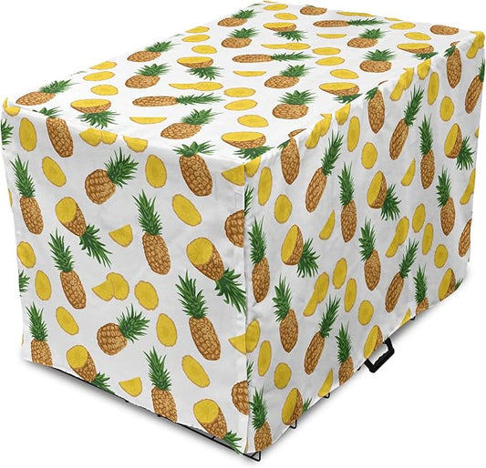 Lunarable Pineapple Dog Crate Cover, Sliced in Half Ananas Exotic Fruit Rhythmic Retro Look Print, Easy to Use Pet Kennel Cover for Small Dogs Puppies Kittens, 18 Inch, Mustard Fern Green