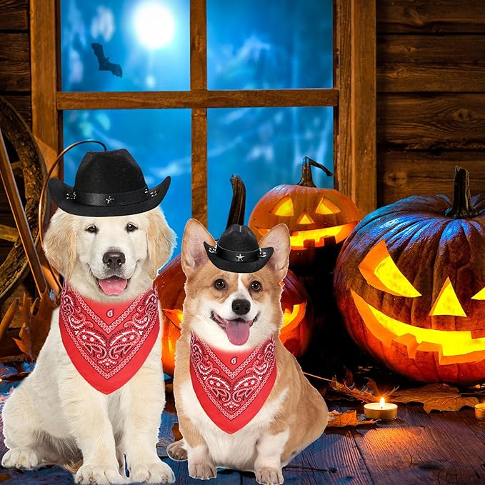 Dog Halloween Costumes, Dog Cowboy Costume Halloween Pet Cowboy Hat Bandana Scarf for Small Medium Large Dogs Pets (Black Hat & Red Bandana, Small)