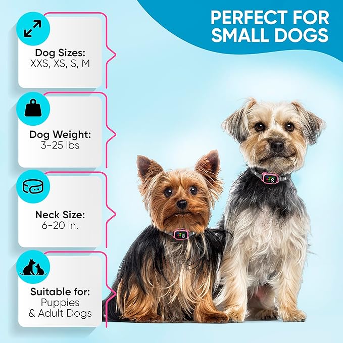 Tiny Bark Collar for Small Dogs 5-15 lbs and Puppies - No Shock Anti Barking Collar - Rechargeable Smart Collar for Dog Training with 7 Sensitivity Levels and 3 Beep&Vibration Modes (Pink)