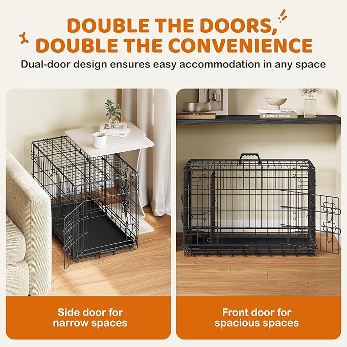Yaheetech 30 inch Double Door Dog Crate w/Divider for Puppy, Collapsible Metal Dog Kennel with Removable Tray, Portable Travel Cage, Black