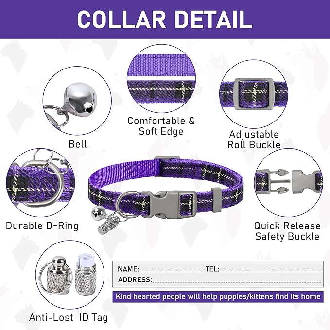 GAMUDA Dog Harness Collar and Leash Set, Dog Harness, No Chock No Pull Adjustable Vest Harnesses Plaid Reflective for Medium Dog, Cat, Small Horse, Small Bull and Pig (Purple, L)