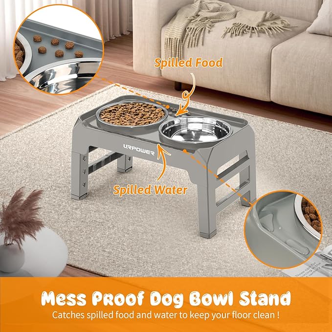 URPOWER 4 Height Adjustable Elevated Dog Bowls - 50oz Large Capacity Stainless Steel Bowls, No-Spill Edge, Non-Slip Stand for Small, Medium, Large Dogs & Pets
