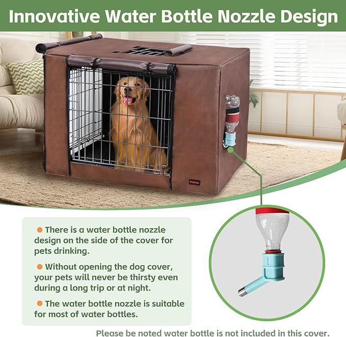 Dog Crate Cover 24 Inch - Waterproof Kennel Cover with Top Window, 600D Oxford Fabric Dog Cage Cover Fit for Most Double Door Wire Crate, Unique Drinking Hole Design, Brown (Cover Only)