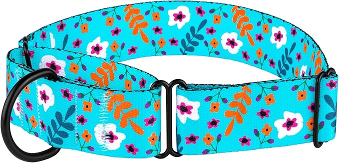 CollarDirect Martingale Collars for Dogs Heavy Duty Floral Pattern Female Safety Nylon Training Wide Collar Flower Design Large Medium (L, Neck Size 15"-20", Navy Blue)