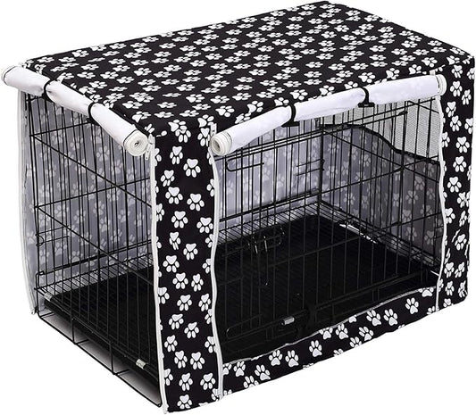 Dog Crate Cover for Wire Crates, Heavy Nylon Durable Waterproof Windproof Pet Kennel Cover Indoor Outdoor Protection - Cover only - Black Paw - XXLarge, 48-Inch