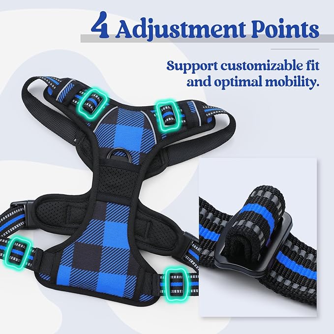 rabbitgoo Dog Harness for Large Dogs No Pull, Comfortable Padded Plaid Dog Harness with Handle Easy Control, Adjustable Reflective Puppy Pet Harness Vest with 2 Leash Clips, Blue Plaid, L