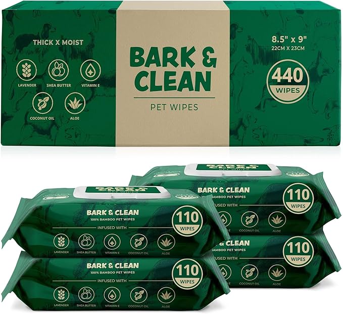 440 Dog Wipes for Cleaning and Deodorizing - 4 Pack of 110 8.5" x 9" Bamboo Pet Wipes - Compostable, Hypoallergenic Puppy Wipes - Dog Wipes for Paws, Butt, and Body
