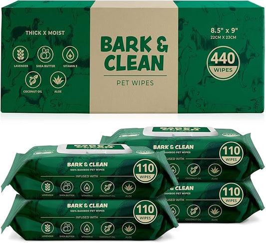440 Dog Wipes for Cleaning and Deodorizing - 4 Pack of 110 8.5" x 9" Bamboo Pet Wipes - Compostable, Hypoallergenic Puppy Wipes - Dog Wipes for Paws, Butt, and Body