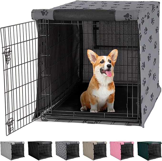 GORILLA GRIP Dog Crate Covers compatible with Amazon Basics Dog Crates, All Sides Open, Privacy Cover Fits 30" Wire Kennel, Breathable Mesh Windows, Light Reducing Puppy Training Cage Topper, Gray Paw