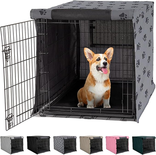 GORILLA GRIP Dog Crate Covers compatible with Amazon Basics Dog Crates, All Sides Open, Privacy Cover Fits 30" Wire Kennel, Breathable Mesh Windows, Light Reducing Puppy Training Cage Topper, Gray Paw