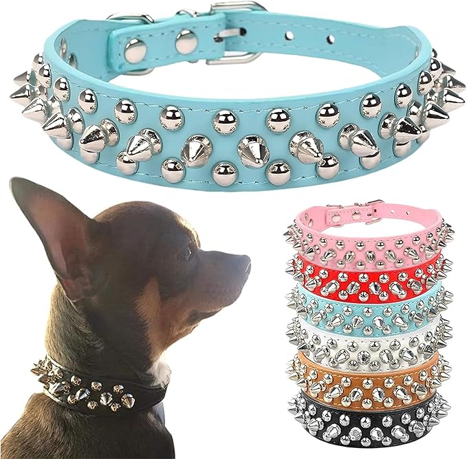 PETCARE Spiked Dog Collar Blue Soft Pu Leather Funny Mushrooms Rivet Spike Studded Puppy Collar Adjustable Outdoor Pet Dog Collar for Small Medium Large Dogs Cats Chihuahua Pug Pit Bull Dog Collars
