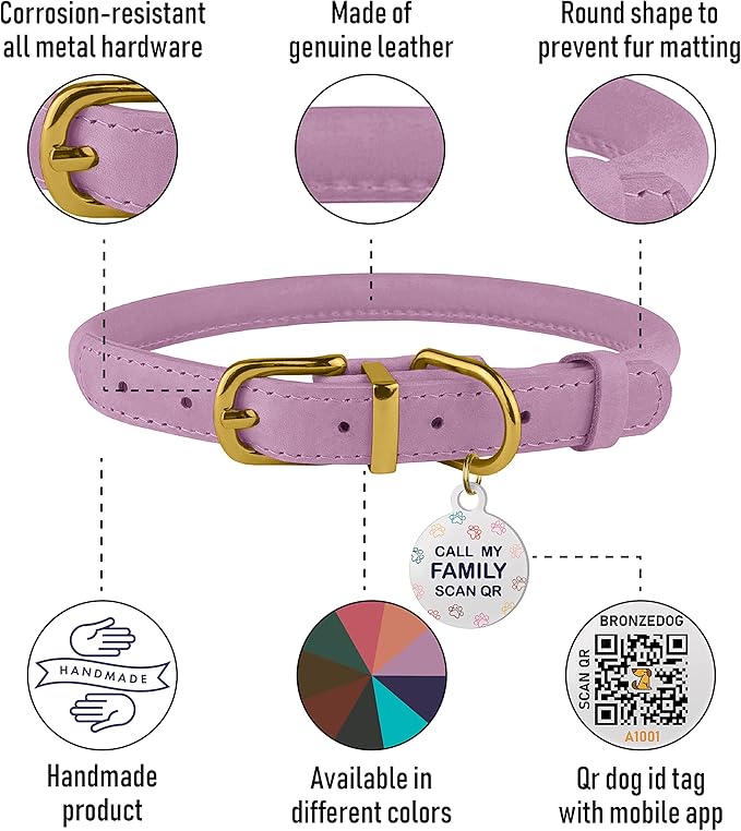 BRONZEDOG Rolled Leather Dog Collar with QR ID Tag Adjustable Soft Round Collars for Small Medium Large Dogs Puppy Cat (Lavender, 9-11 inch)