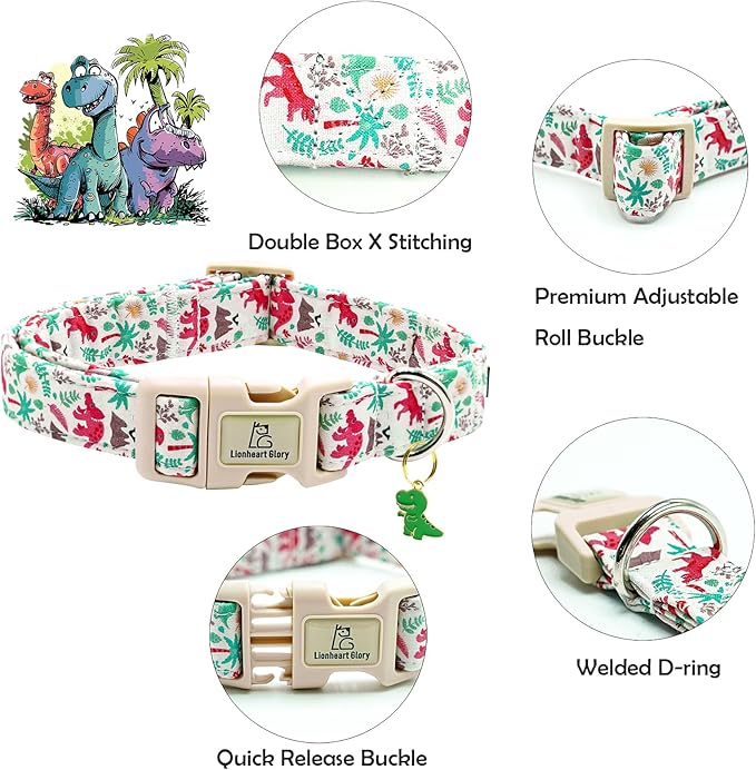 Lionheart glory Dog Collar, Dinosaurs Print Dogs Collar Adjustable Soft Comfortable Collars for Large Dogs Girl or Boy Pet Gift Cute Spring Summer Collar