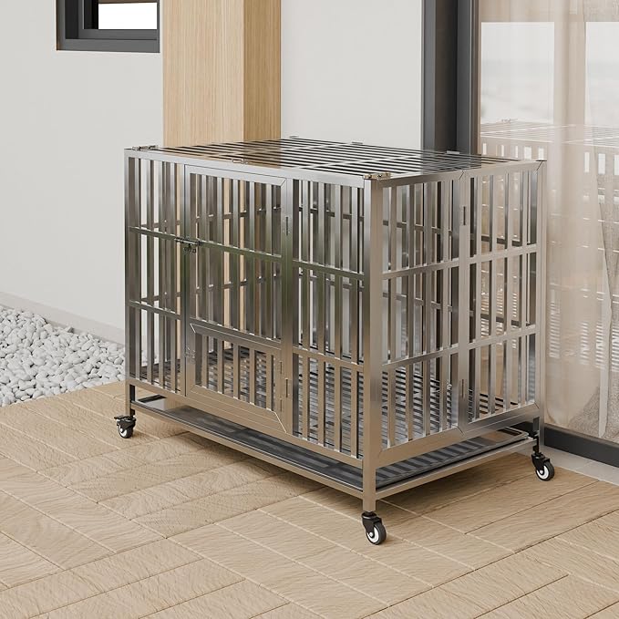 Collapsible Stainless Steel Dog Crate, 30" 37" 42" 48" Sizes, Lockable Wheel, with Tray, Stackable, Heavy Duty, Divider, Indoor and Outdoor (42in)