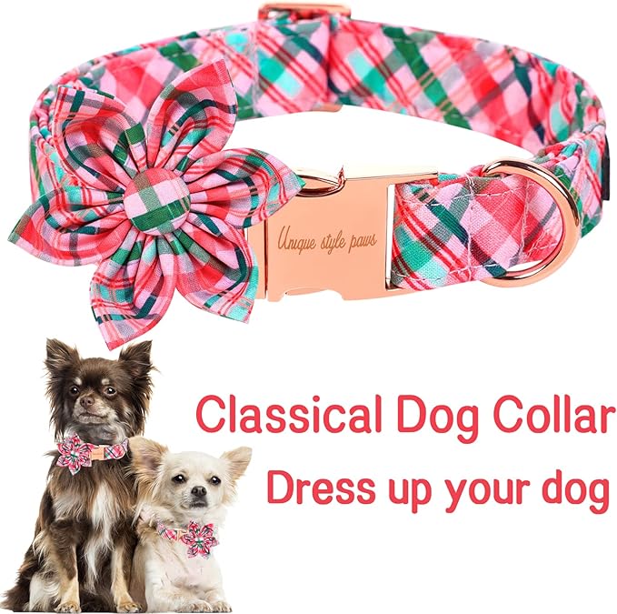 Unique style paws Dog Collar with Flower Pink & Green Plaid Dog Collar Best Gifts for Small Medium Large Dogs -XL