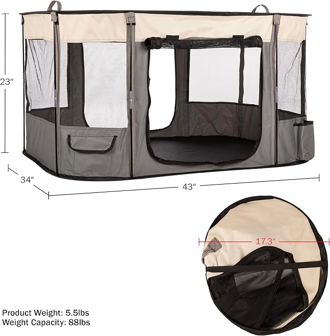 Dog Playpen - 43x34x23 Inch Puppy Kennel with Mesh Windows, Zippered Doors, and Storage Pockets - Portable Dog Play Pen Indoors/Outdoors for Small Animals by PETMAKER (Gray)