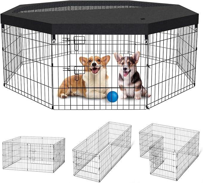 Artmalle Puppy Pet Playpen 8 Panel 24 Inch Indoor Outdoor Metal Portable Folding Animal Exercise Dog Fence Ideal for Pet Animals Dog Cat Rabbit Breed Puppy with Top Cover (Black with Top Cover)