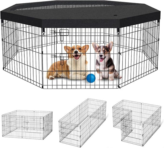 Artmalle Puppy Pet Playpen 8 Panel 24 Inch Indoor Outdoor Metal Portable Folding Animal Exercise Dog Fence Ideal for Pet Animals Dog Cat Rabbit Breed Puppy with Top Cover (Black with Top Cover)