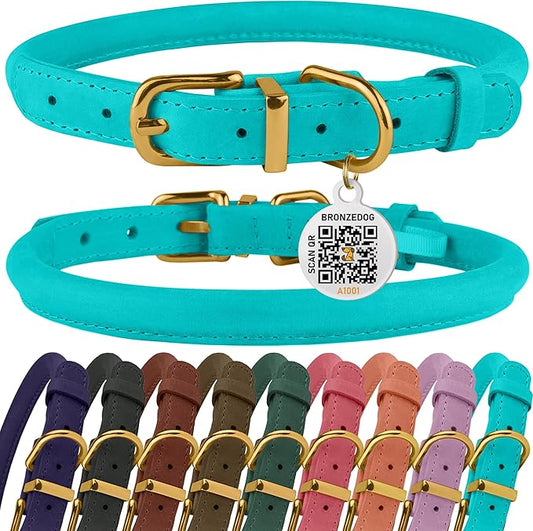 BRONZEDOG Rolled Leather Dog Collar with QR ID Tag Adjustable Soft Round Collars for Small Medium Large Dogs Puppy Cat (14" - 16" Neck Size, Turquoise)