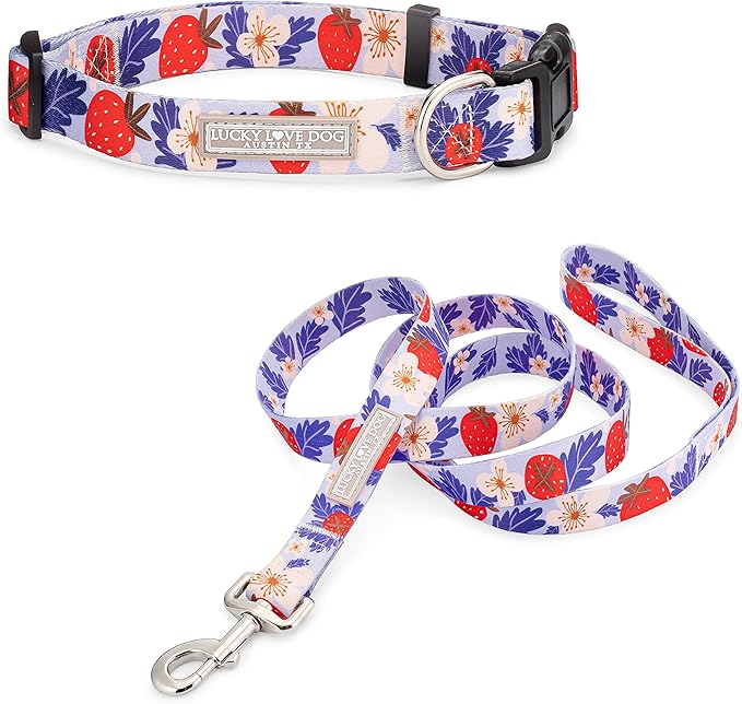 Lucky Love Dog Collar Combo Set, Strawberry Cute Girl Dog Collar and Leash Set, Dog Collar and Leash Set for Small Dogs, Part of Purchase Donated to Rescue (Small, Sweet Berry, Combo)