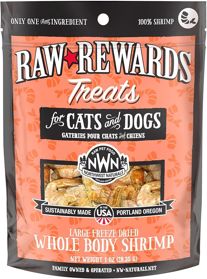 Northwest Naturals Raw Rewards Freeze-Dried Shrimp Treats for Dogs and Cats - Bite-Sized Pieces - Healthy, 1 Ingredient, Human Grade Pet Food, All Natural - 1 Oz