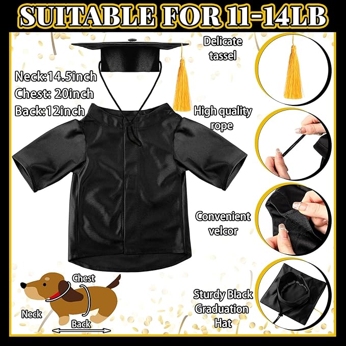 Dog Graduation Cap and Gown 2025 Washable Pet Graduation Costume for Dog Cat Shirt and hat(Black)