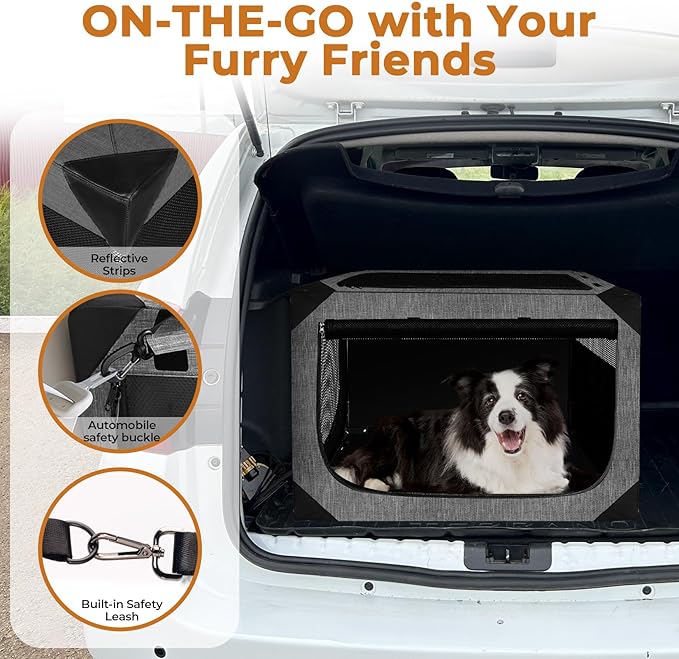 Dog Crates,Collapsible Soft Travel Crate for Large Dogs (3 Year Warranty), Indoor & Outdoor Portable Pet Kennel with Chew Proof Mesh Door (36" L x 25" W x 25" H, French Gray) ﻿