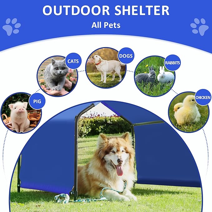 Dog Shade Shelter Outdoor Tent for Large Medium Dogs, 4'x4'x3' Outside Sun Rain Canopy Pet House for Cats Pigs Livestock with Waterproof Roof Ground Nails，Blue