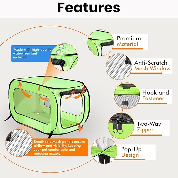 Beatrice Home Fashions Portable, Collapsible, Pop Up Kennel Travel Cat and Dog Crate, 40" L x 27" W x 27" H, Green