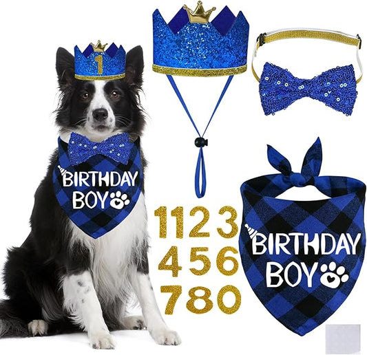 STMK Dog Birthday Party Supplies, Multi Size Dog Birthday Hat with Numbers Bandana Bow Tie for Large Extra Large Dogs Pets (Blue, X-Large)