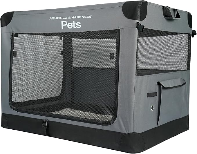 Ashfield & Harkness: Collapsible Soft Dog Crate - 42" - Gray, Sherpa Lined Mat, Durable Mesh Windows, Portable Foldable Pet Kennel, Indoor & Outdoor