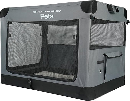 Ashfield & Harkness: Collapsible Soft Dog Crate - 42" - Gray, Sherpa Lined Mat, Durable Mesh Windows, Portable Foldable Pet Kennel, Indoor & Outdoor