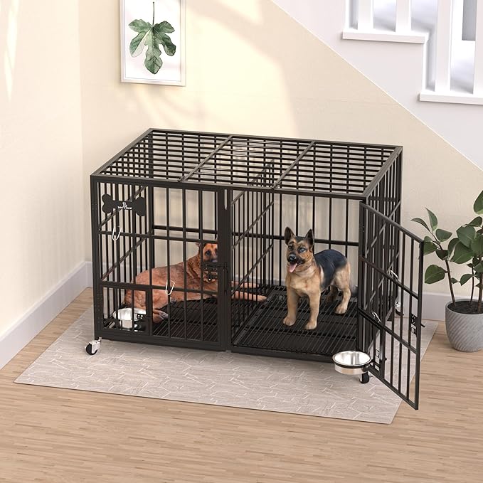 Dosker 42 inch Heavy Duty Metal Dog Crate Cage with Divider for 2 Dogs/Large Dog,All Metal Open Top Escape Proof Cage,Dog Kennel Indoor with Wheels,Floor Grid,Tray,Feeding Bowl
