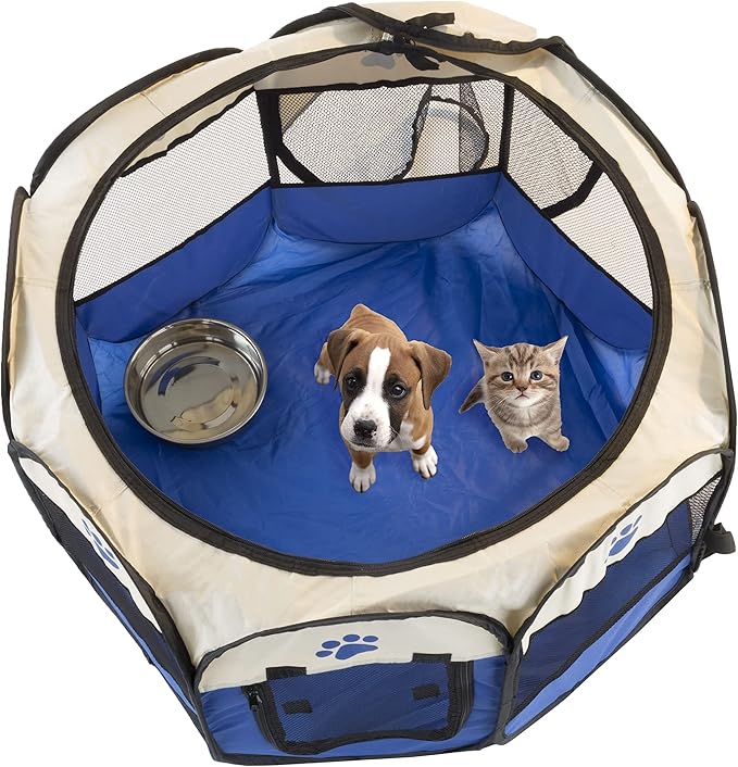 Pop-Up Pet Playpen - 26-Inch Indoor and Outdoor Dog Kennel with Carrying Bag - Portable Pet Enclosure for Dogs and Small Animals by PETMAKER (Blue)