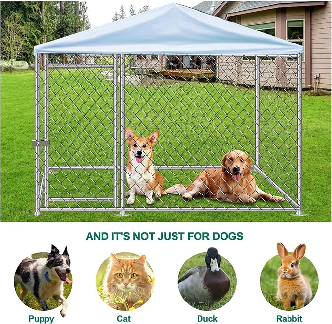Outdoor Dog Kennel with Roof, Large Dog House Pen Enclosure Heavy Duty Chain Link Dog Kennel with Metal Gate (H3028)