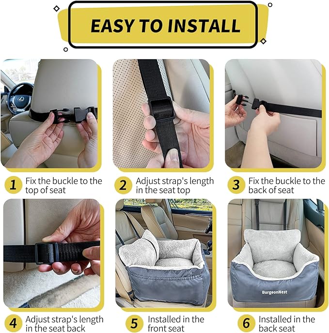 BurgeonNest Dog Car Seat for Small Dogs, Washable Soft Dog Booster Seats for Small Pets Under 25 lbs, Portable Dog Carseat Travel Bed with Storage Pockets and Clip-On Leash