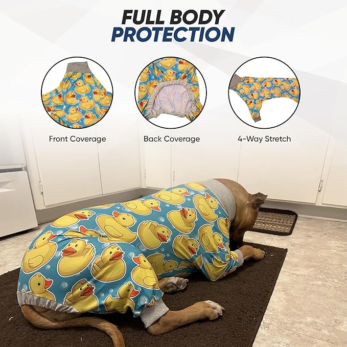 Tooth and Honey Pit Bull Pajamas Rubber Duck Print Lightweight Pullover Pajamas Full Coverage Dog pjs Yellow with Grey Trim