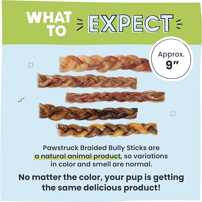 Pawstruck Natural 9” Braided Bully Sticks for Dogs - Tough Long Lasting, Rawhide Free, Low Odor, Healthy Single Ingredient Chew Treat for Aggressive Chewers - 25 Count - Packaging May Vary