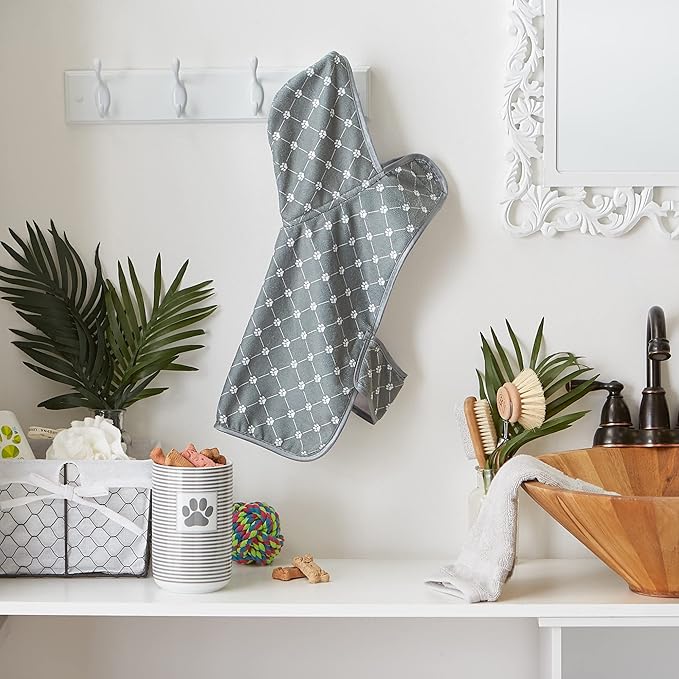 Bone Dry Pet Robe Collection, Trellis Paw Print, Absorbent Microfiber Bath Robe with Adjustable Closure for Dogs & Cats, Small, Gray