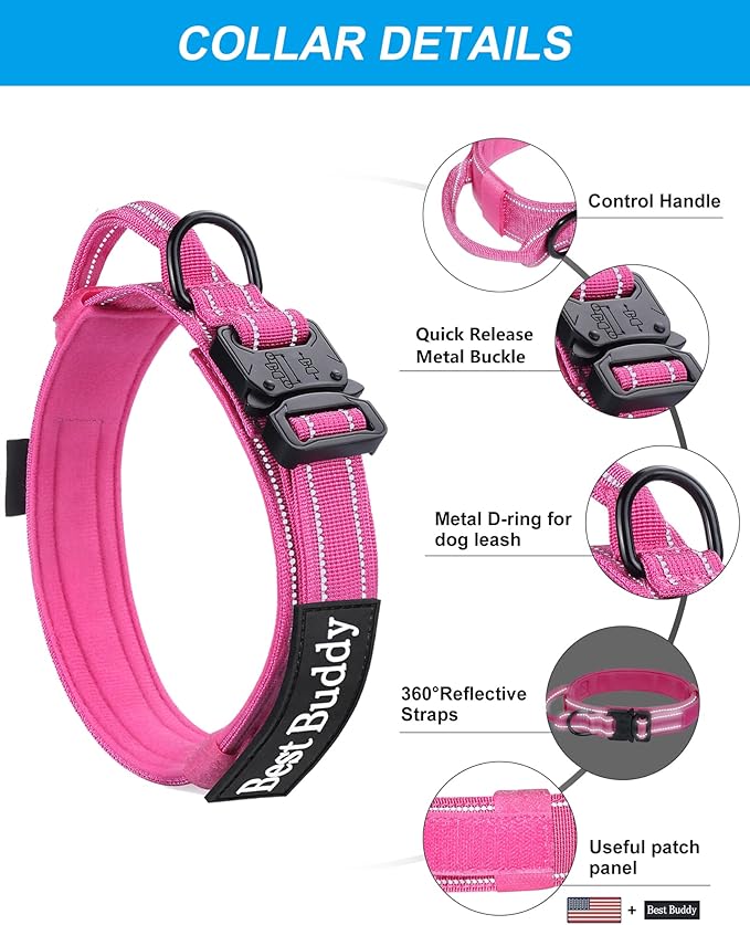 AUBELL Tactical Dog Collar and Leash Set, Adjustable Military Nylon Reflective Dog Leash and Collar with Handle and Heavy Metal Buckle for Medium Large Dogs, with Airtag Holder and 2 Patches(Pink, M)