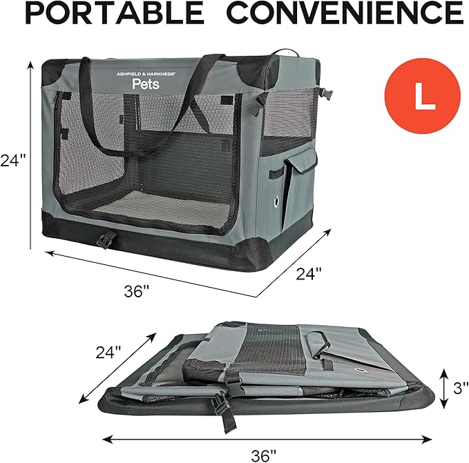 Ashfield & Harkness: Collapsible Soft Dog Crate - 36" - Gray, Sherpa Lined Mat, Durable Mesh Windows, Portable Foldable Pet Kennel, Indoor & Outdoor